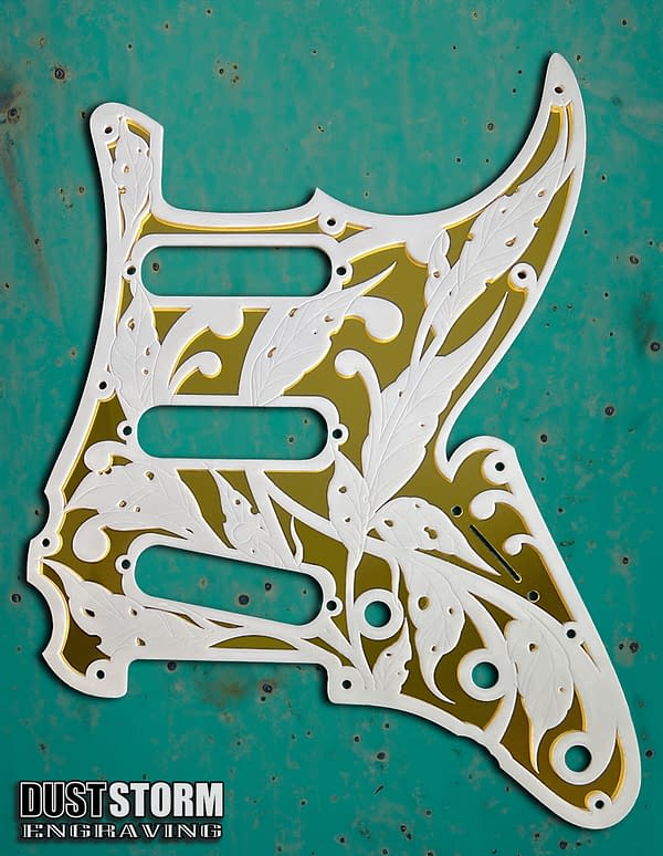 Fender Strat Guitar Body Custom Laser Engraved Blue Sparkle and White with White and Gold Mirror Pickguard & Tremolo Cover HSH, HSS, SSS Setup Available - Image 3