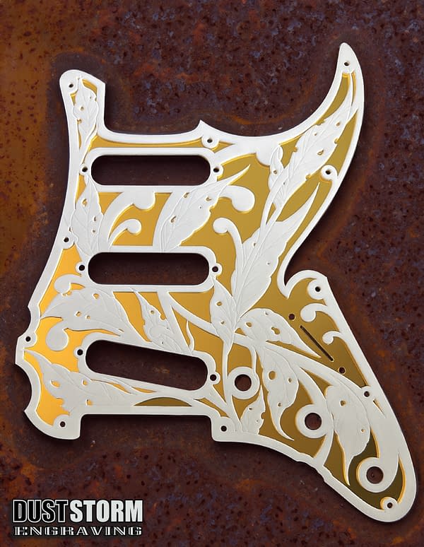 Fender Strat Guitar Body Custom Laser Engraved Blue Sparkle and White with White and Gold Mirror Pickguard & Tremolo Cover HSH, HSS, SSS Setup Available - Image 2