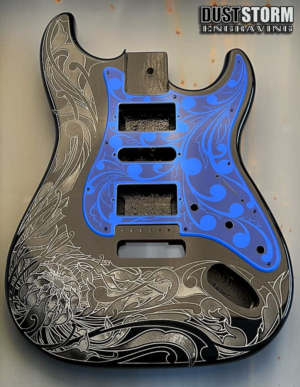 Black Fender Strat Guitar Body Custom Laser Engraved with Royal Blue Mirror Acrylic Pickguard & Tremolo Cover HSH, HSS, SSS Setups Available