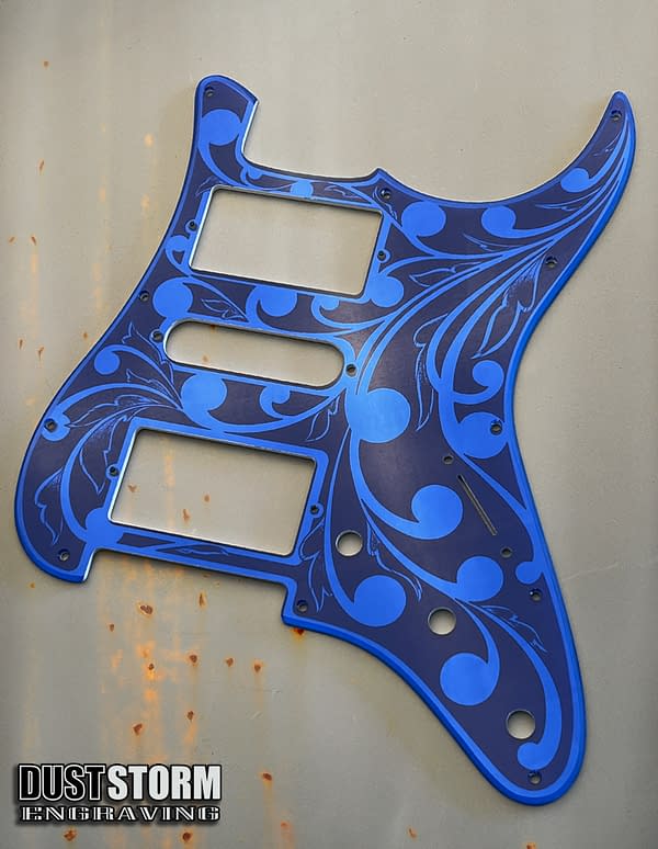 Black Fender Strat Guitar Body Custom Laser Engraved with Royal Blue Mirror Acrylic Pickguard & Tremolo Cover HSH, HSS, SSS Setups Available - Image 7