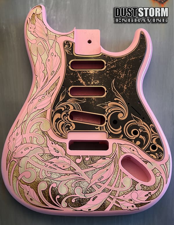 Engraved Pink Fender Strat Guitar Body with Copper Acrylic Mirror Pickguard & Tremolo Cover HSH, HSS, SSS Setups Available