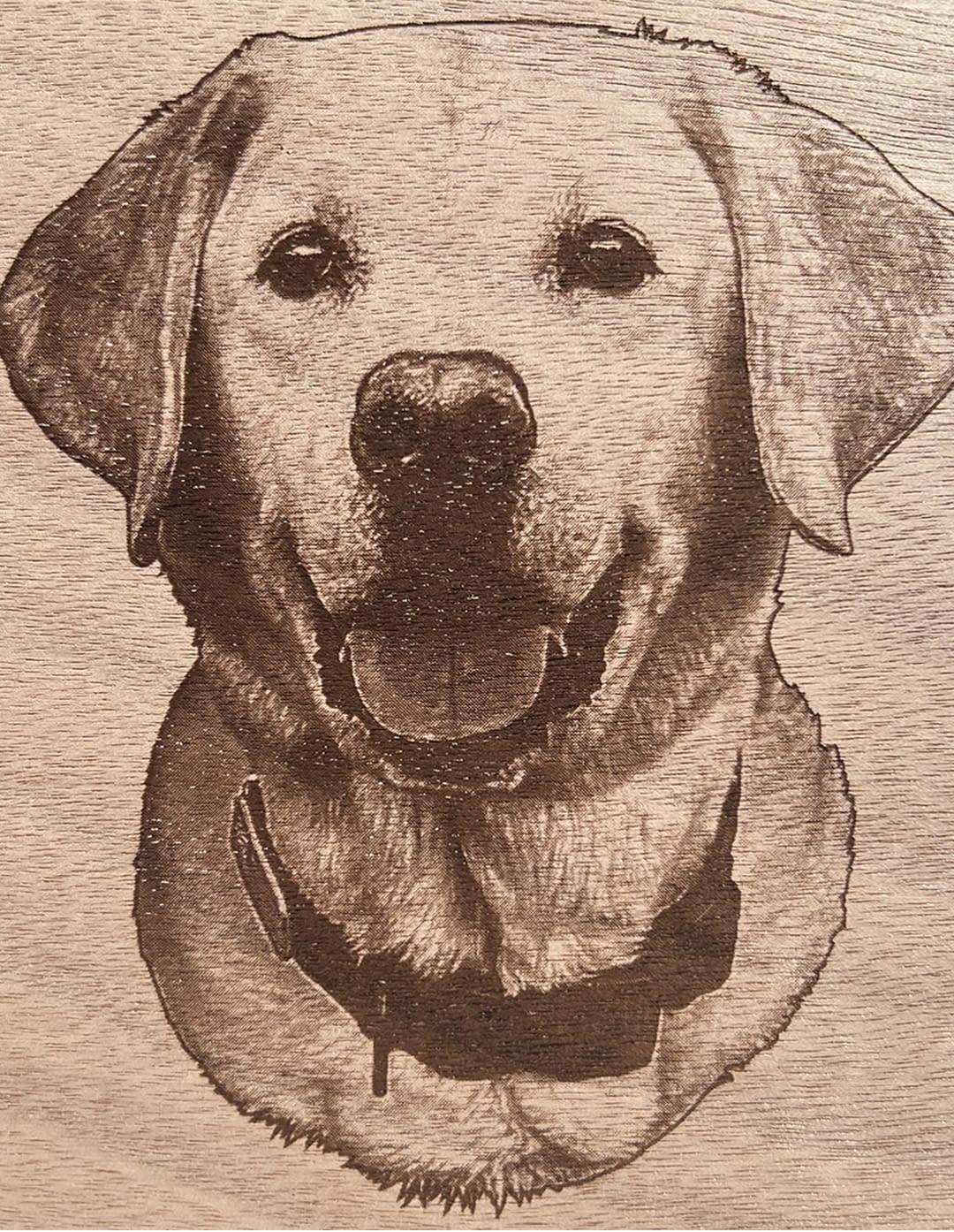 Pet Portraits Happy Yellow Labrador Face Laser engraved on Mohogany Wood
